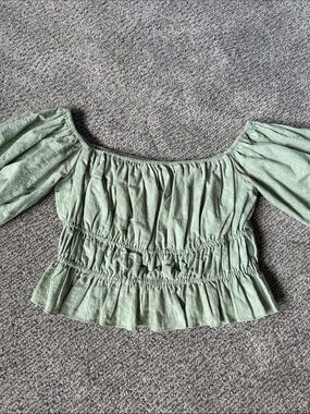 Privacy Please Sage Green Smocked Off-Shoulder Peasant Blouse